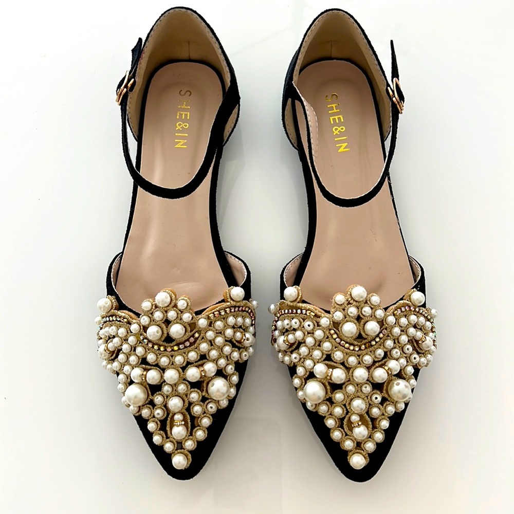 SHEIN black suede and pearl encrusted flat shoe